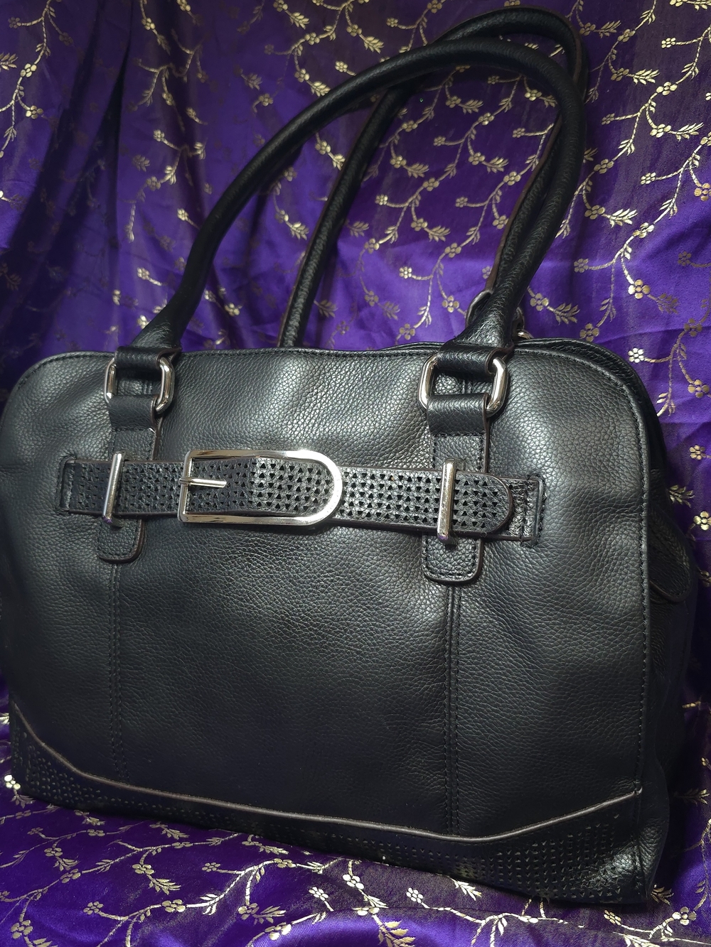 Tignanello Black Genuine Leather Satchel Shoulder Bag Silver Hardware